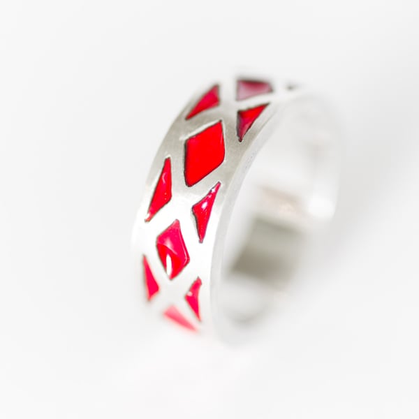 Red Enamel Sterling Silver,  Jihe Symmetrical Ring 