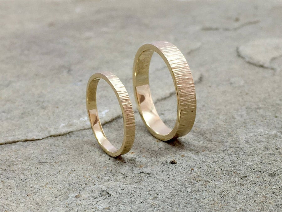 Handmade 9ct Yellow Gold Tree Bark Wedding Rings