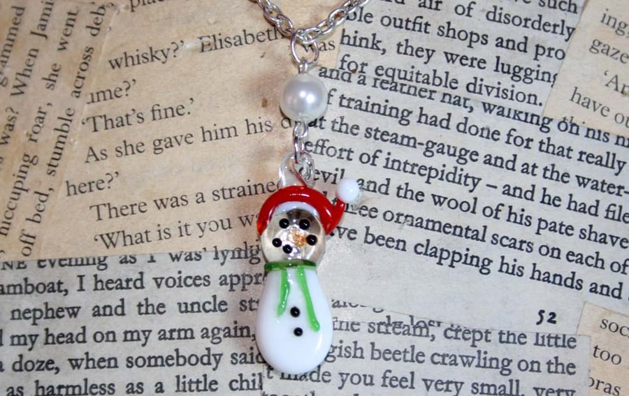 Glass Snowman Pearl Bead Silver Necklace