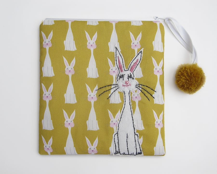 Mustard make up bag with rabbit print and rabbit appliqué