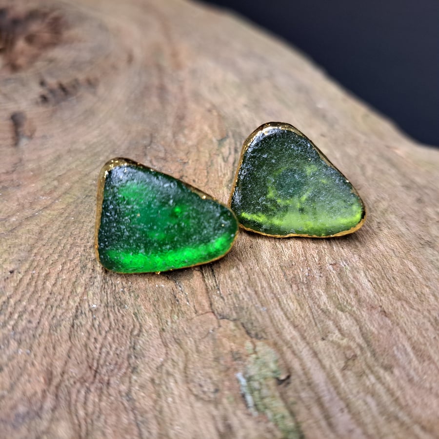 Earrings, Sea Glass, Emerald Green Stud Earring