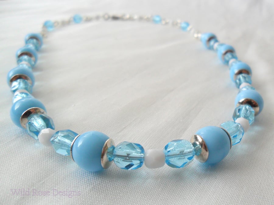 Pale blue and white bead necklace