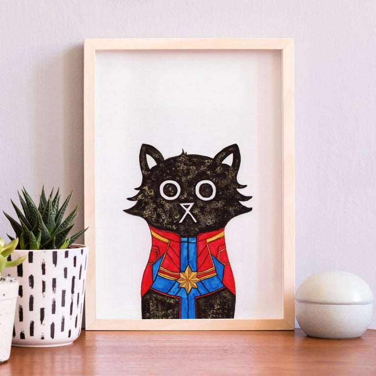 Superhero Wall Art Print, Black Cat Art, Gift For Her, Marvel Cat Wall Art Print