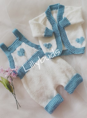 Hand knitted baby suit. Rompers and cardigan. Baby gift set