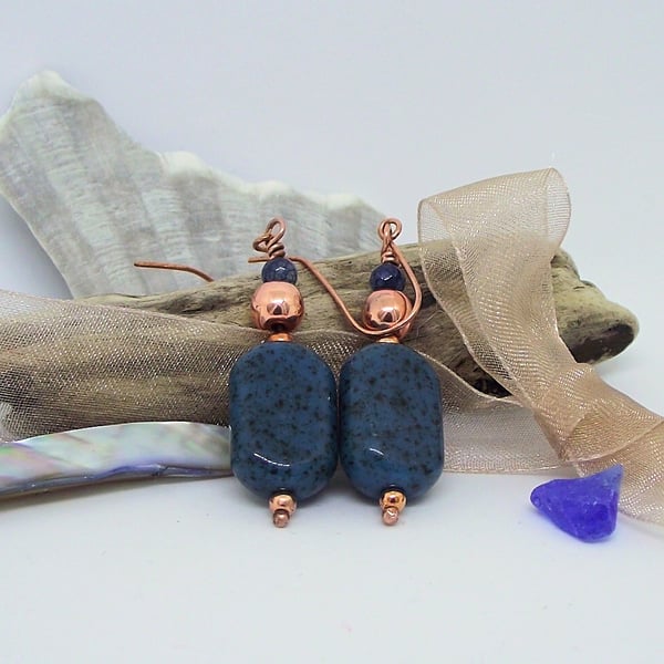 Earrings vintage teal blue glass copper agate haematite gemstone handmade