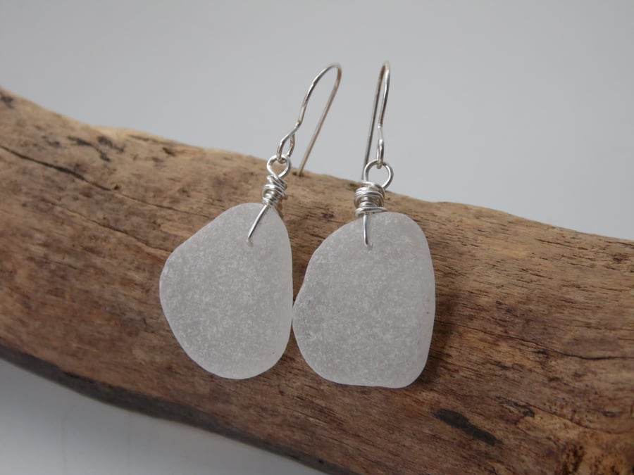 Portreath Penzance Frosted White Cornish Sea Glass Earrings E634