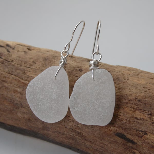 Portreath Penzance Frosted White Cornish Sea Glass Earrings E634