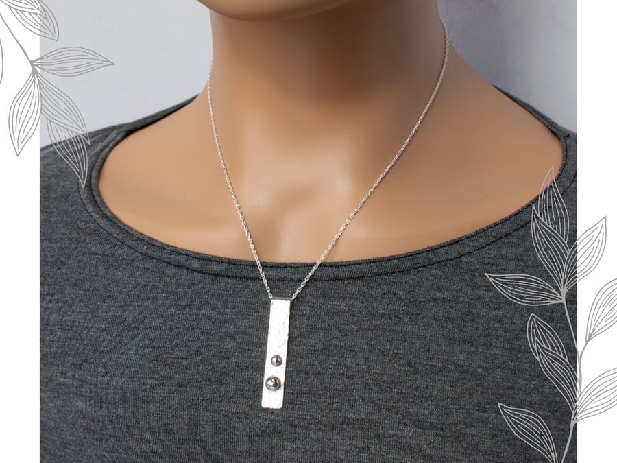 Long Sterling Silver Bar Pendant with Pebble Droplets