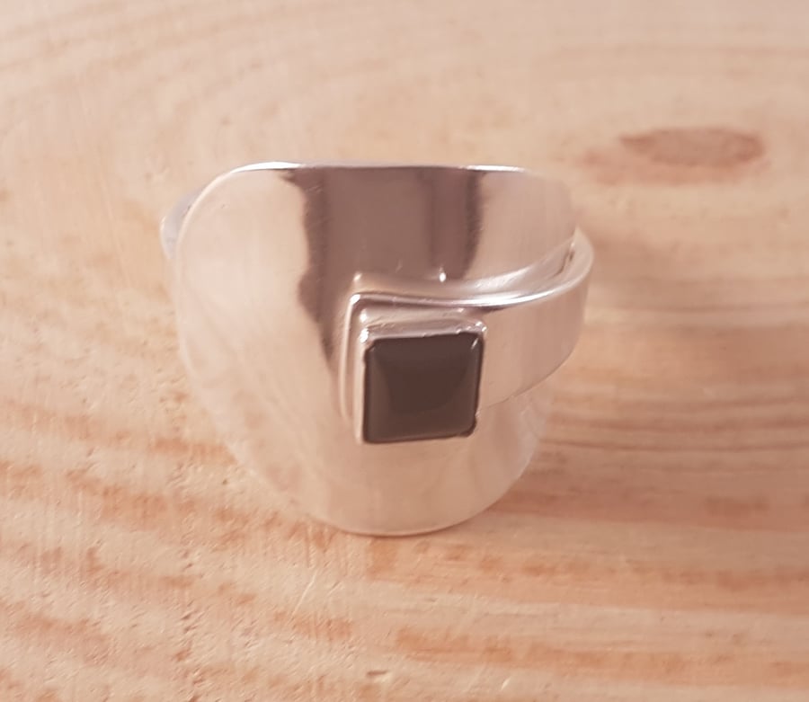 Sterling Silver Upcycled Mustard Spoon Ring with Square Onyx Cabochon