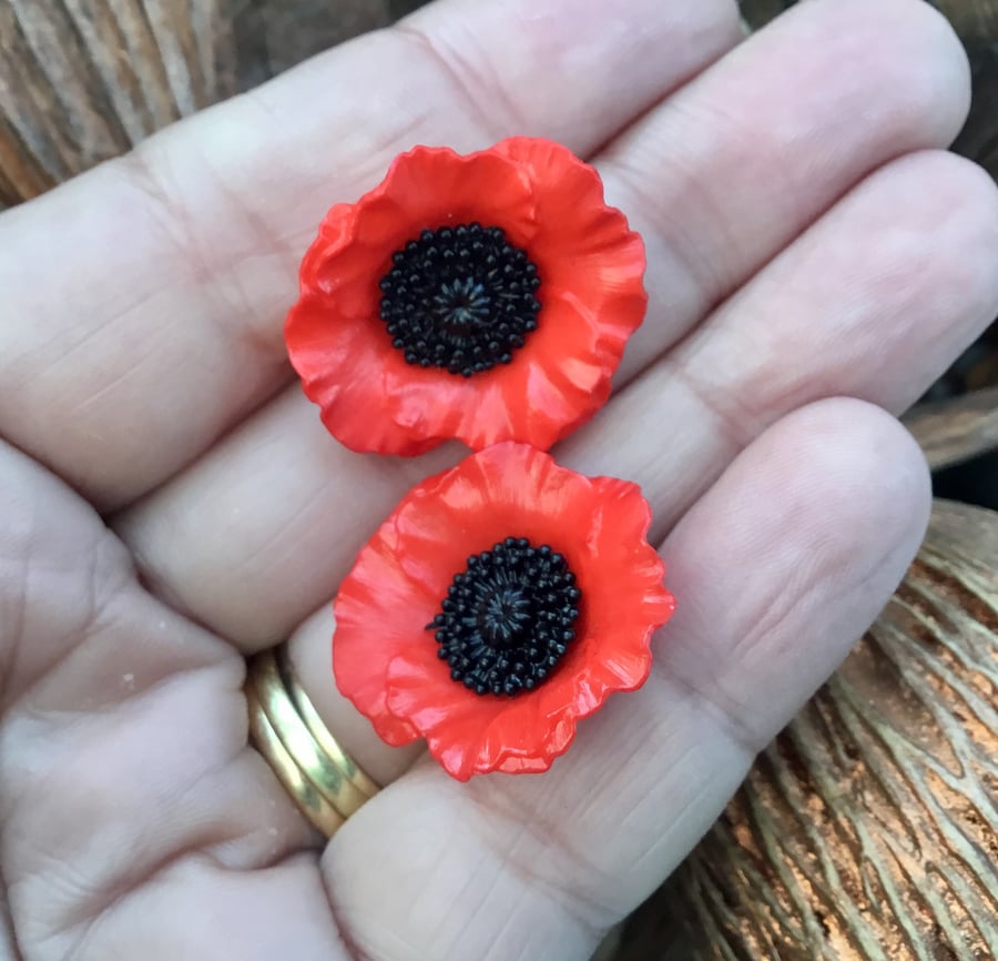 Pair of Red Poppy Delicate Buttons.