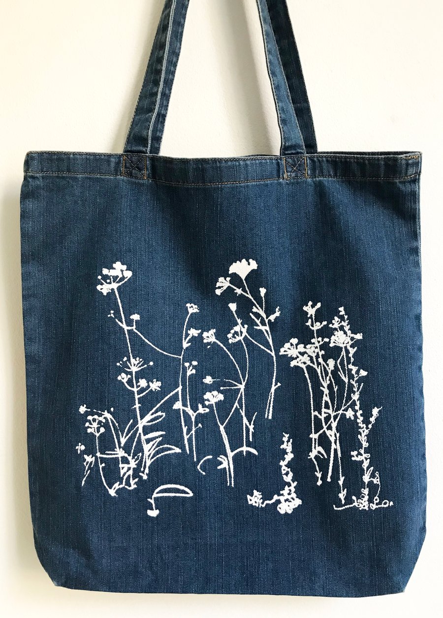 Wild meadow flowers organic denim cotton tote bag