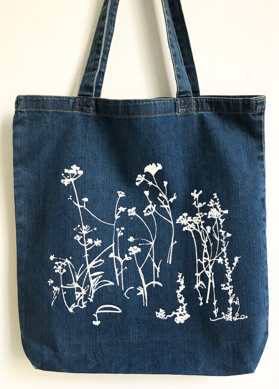 Wild meadow flowers organic denim cotton tote bag Folksy