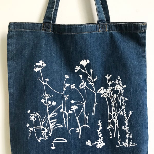 Wild meadow flowers organic denim cotton tote bag