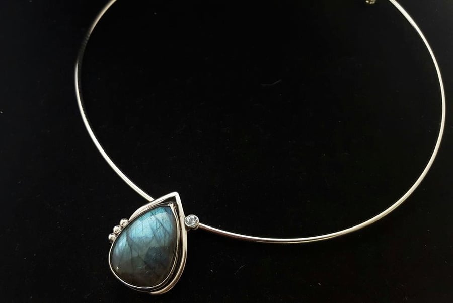 Labradorite and aquamarine silver pendant