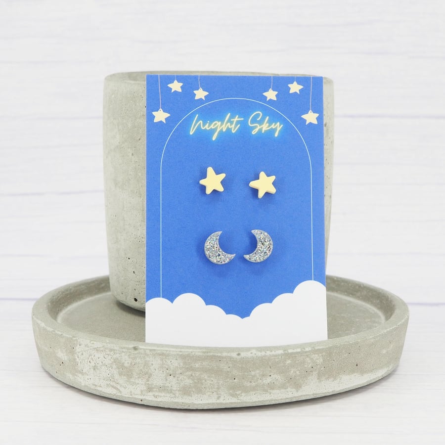 Titanium ear wire - Acrylic small matte yellow star and holographic glitter moon