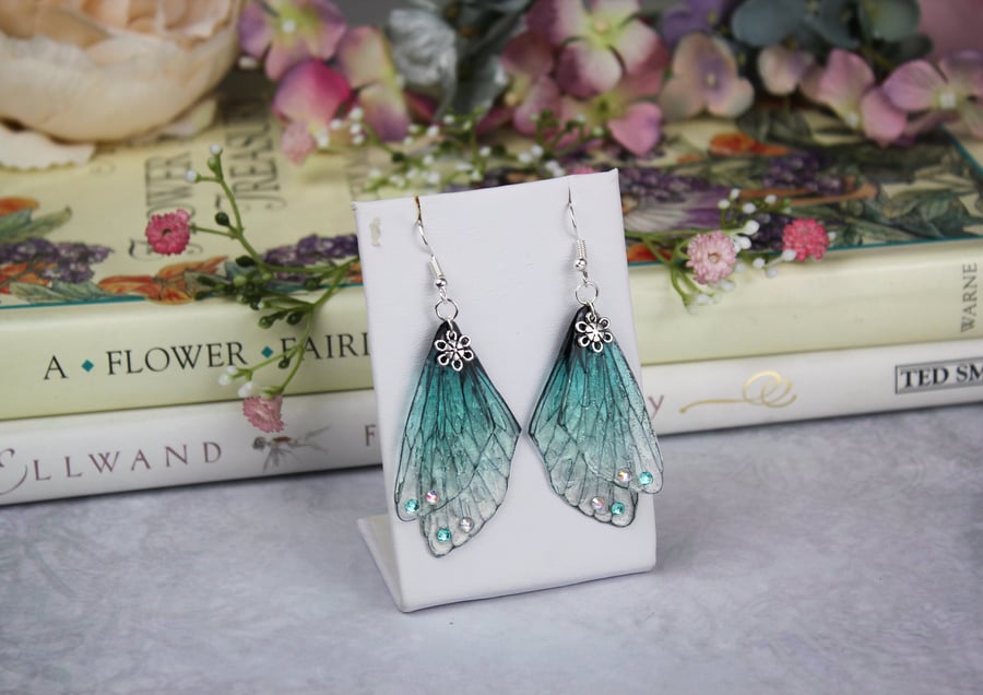 Beautiful Sky Blue Cicada Charm Sparkle Fairy Wing Earrings - Butterfly Boho 