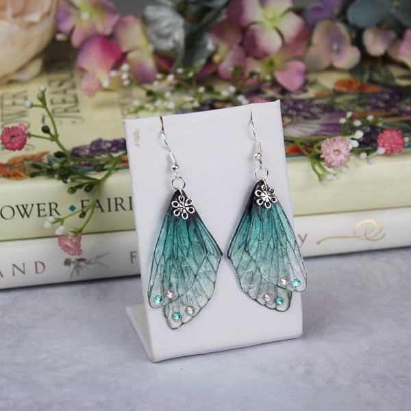 Beautiful Sky Blue Cicada Charm Sparkle Fairy Wing Earrings - Butterfly Boho 