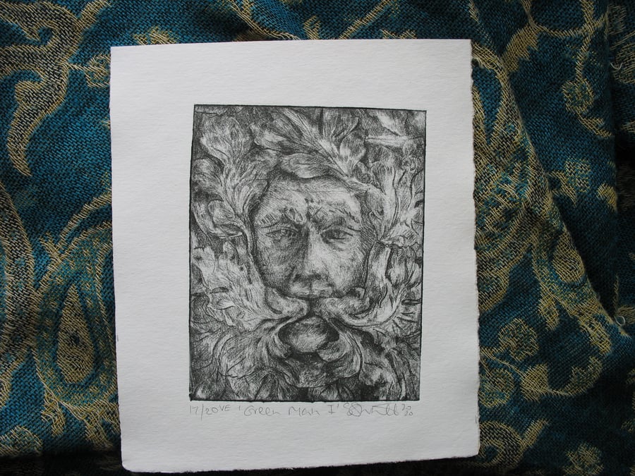 Green Man drypoint etching print