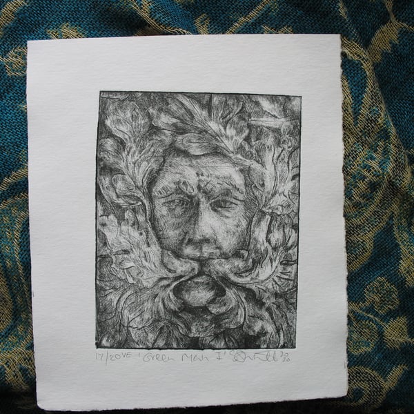 Green Man drypoint etching print