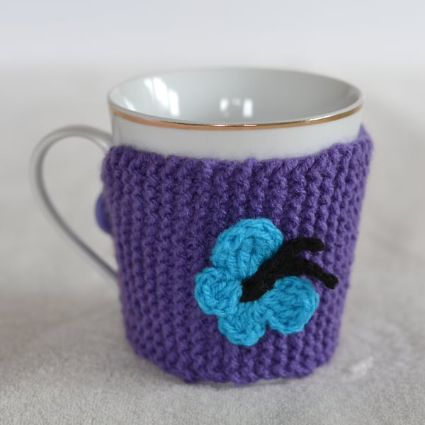Purple knitted Cup Cozy With Butterfly