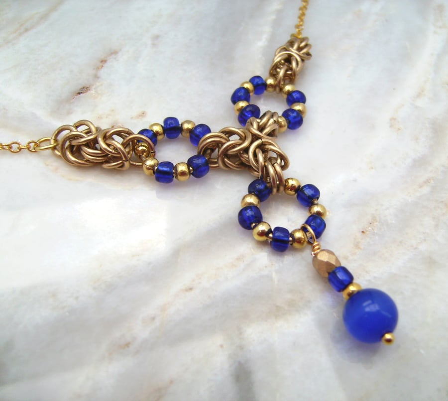 Blue Cats Eye Byzantine Chainmail Necklace