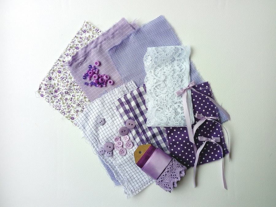 Fabric and Embellishments Pack - Lavender , Crafting, Sewing, Making, Supplies