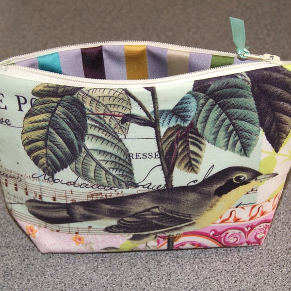 Lovely Hand Made Make Up Bag. Gorgeous Bird Print Fabric