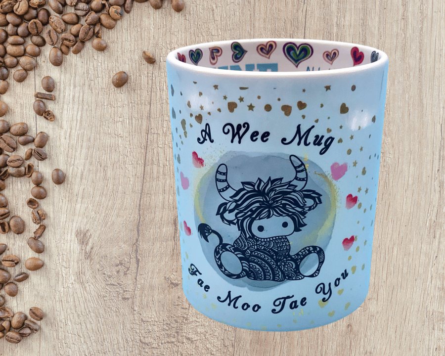 Hug mug with Scottish Coo print and love messages  inside and down the handle