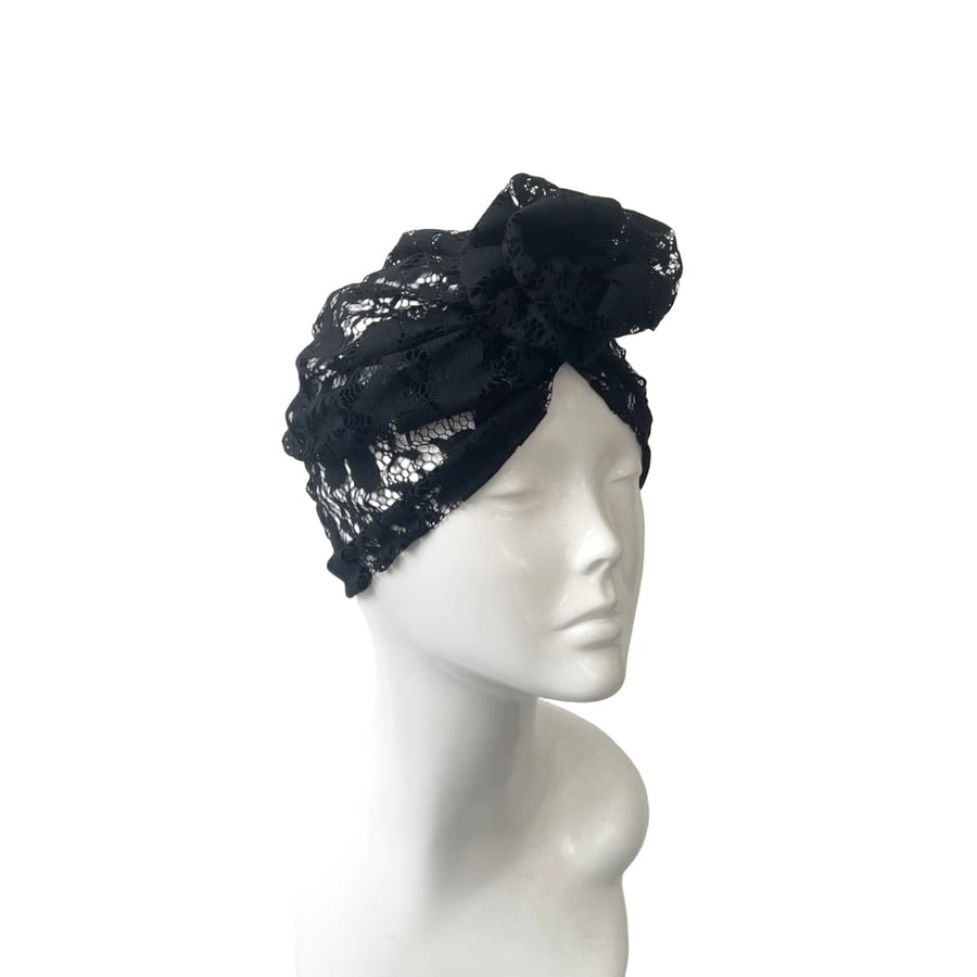Black Lace Turban Hat for Women Handmade Hair Loss Chemo Head Scarves