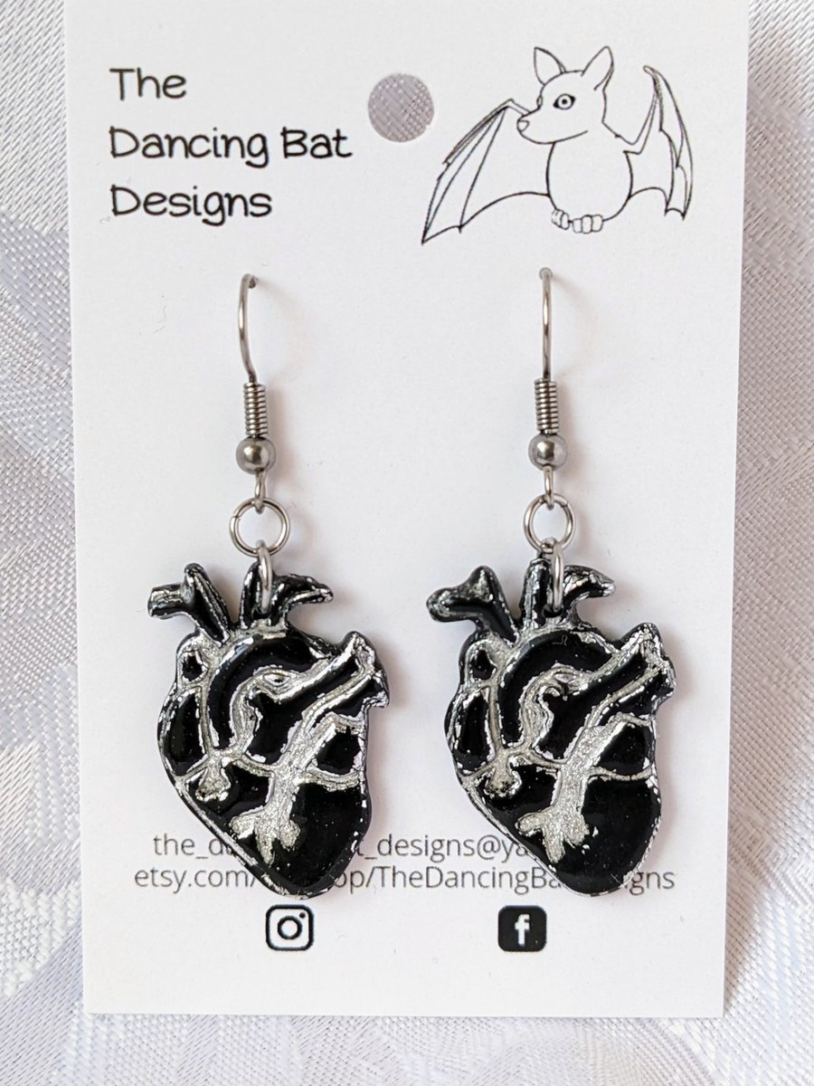 Black Anatomical Heart Dangle Earrings With Silver Veins, Polymer Clay Jewellery
