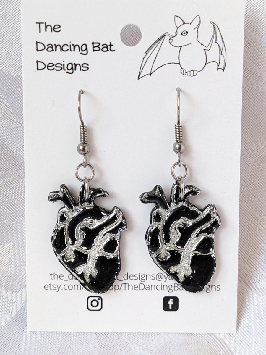 Black Anatomical Heart Dangle Earrings With Sil Folksy