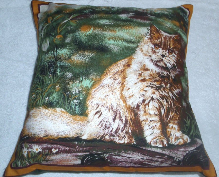 Lovely fluffy cream cat in the garden cushion