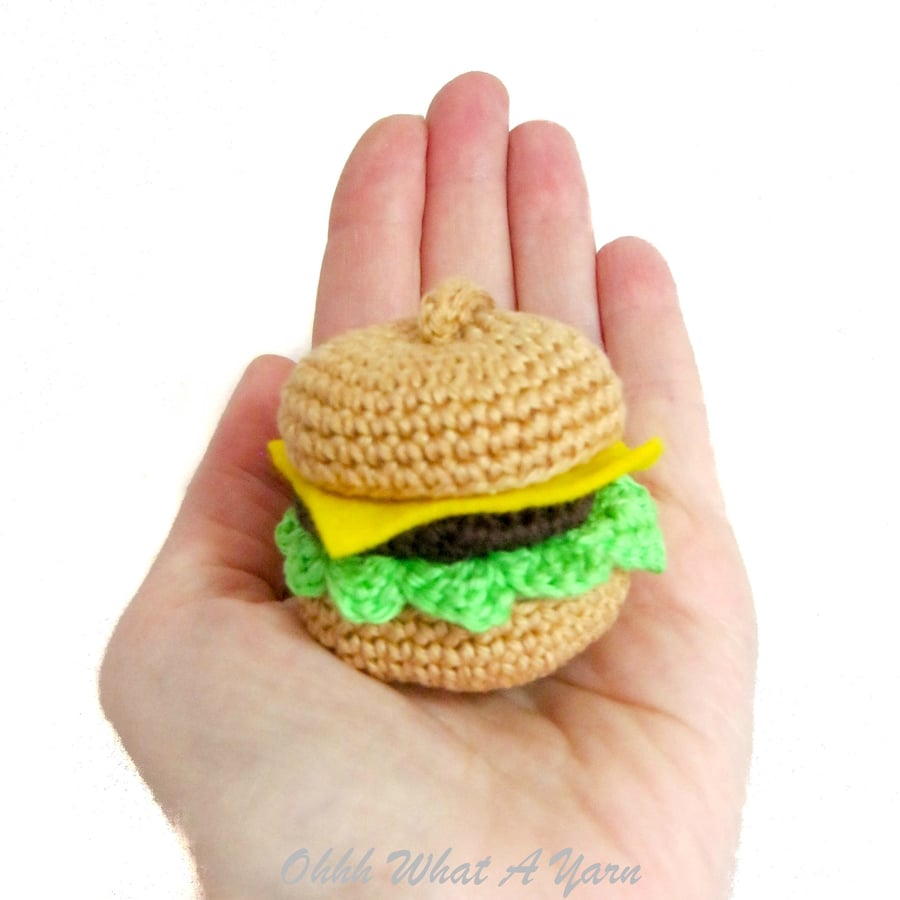 Crochet cheeseburger hanging decoration, scissor keeper, pin cushion, bag charm 