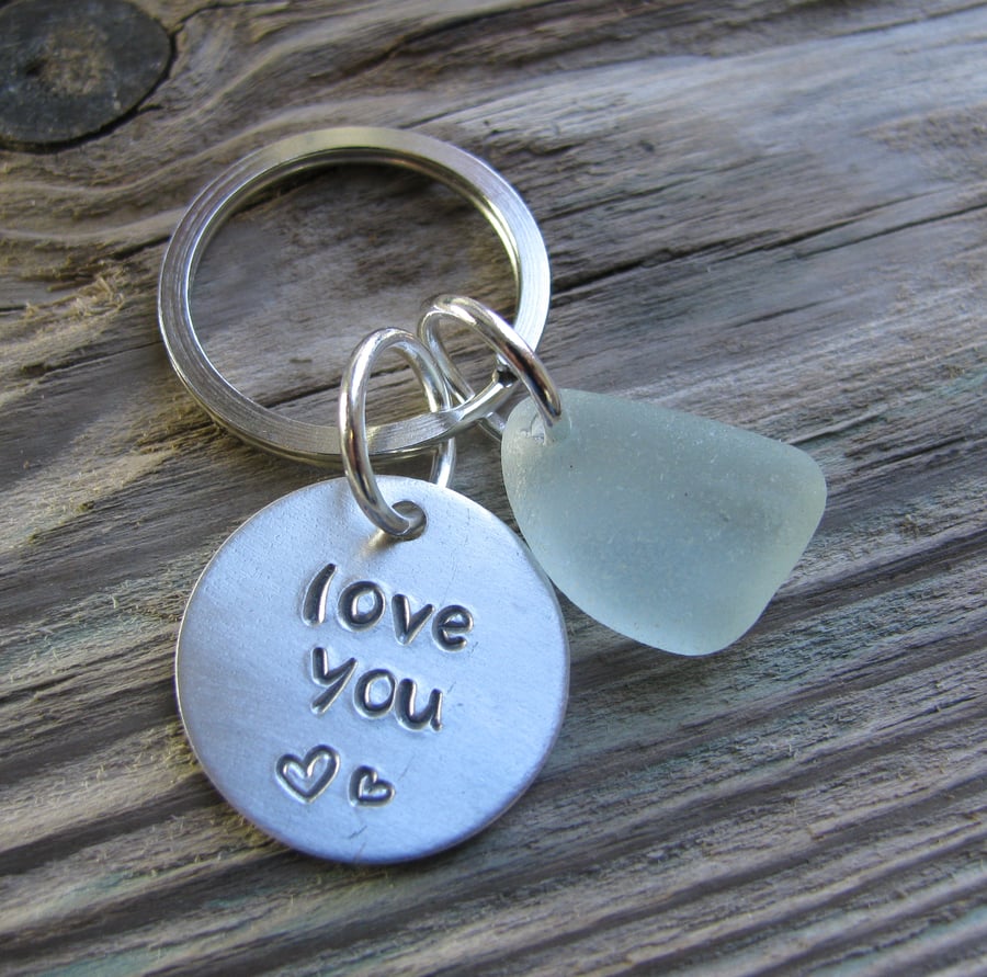 Sea glass and aluminium, stamped keyring