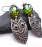 green lampwork glass earrings, pewter owl - Image 2