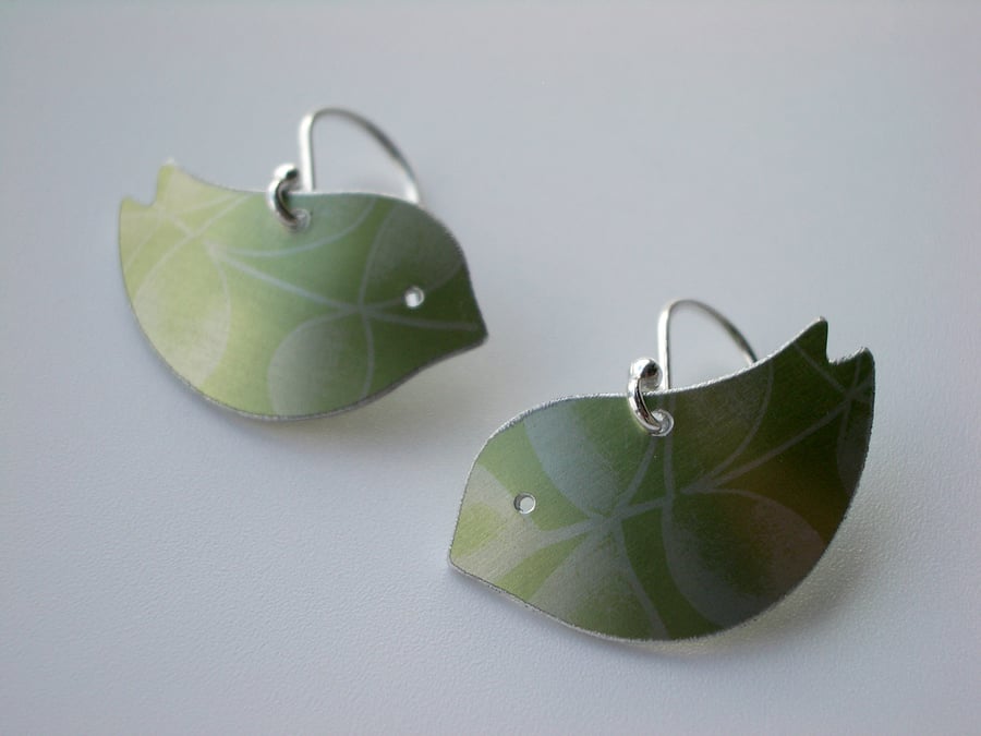 SALE Bird earrings in green with leaf print SALE