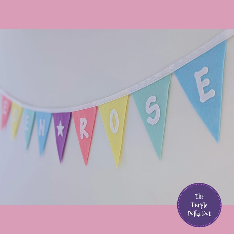 Personalised pastel bunting handmade from wool blend felt in rainbow pastels