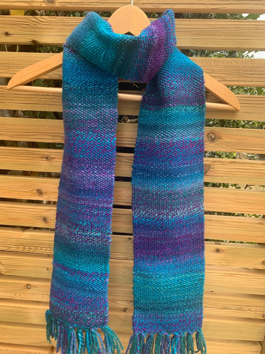 Handspun and woven purple and turquoise gradient scarf