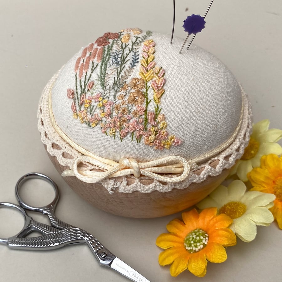 Pincushion, hand embroidered large pin cushion, sewing room keepsake gift 