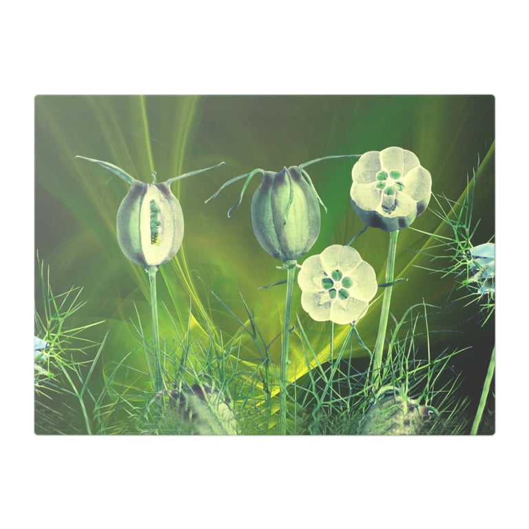 Love In The Mist Flowers on Green Background Design Glass Chopping Board