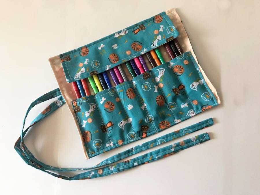 Green Cat roll up pencil case for kids, cats cotton fabric 