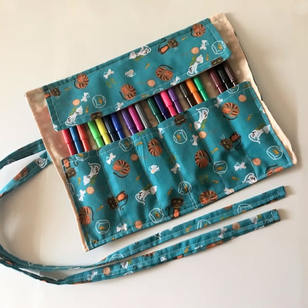 Green Cat roll up pencil case for kids, cats cotton fabric 