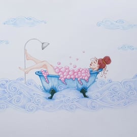 Drawing Bath Water Ocean Sea Waves Bubbles Whimsical Drawing A4