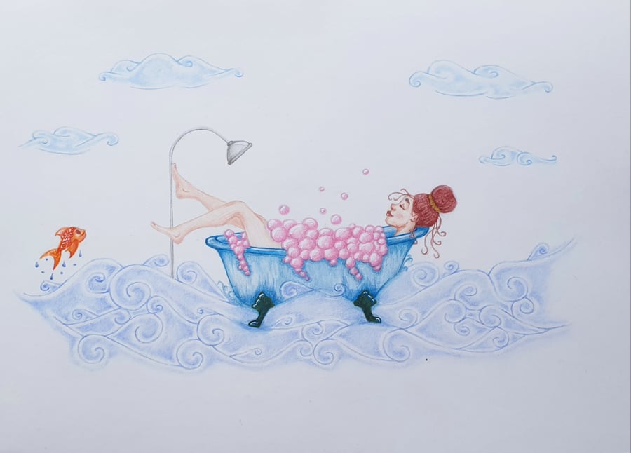 Drawing Bath Water Ocean Sea Waves Bubbles Whimsical Drawing A4