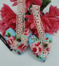 Heart hanger pair in blue floral, cream lace and silver bells - Image 4