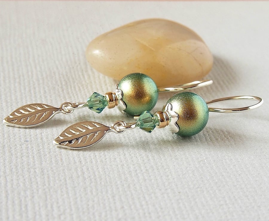 Green Pearl Earrings - Swarovski Crystal - Sterling Silver - Gold