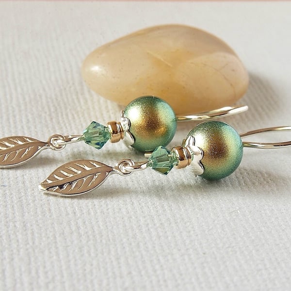 Green Pearl Earrings - Swarovski Crystal - Sterling Silver - Gold