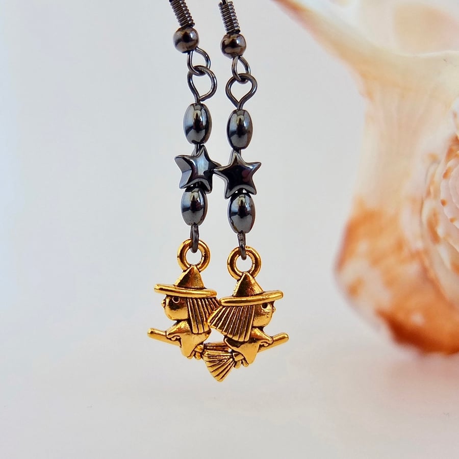 Halloween Earrings - Gold Witch Charm And Hematite - Free Uk Delivery.