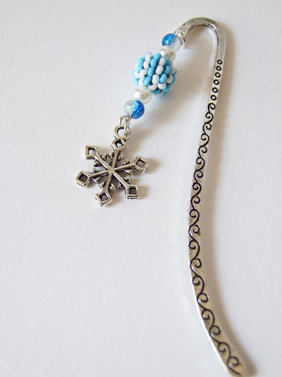 Snowflake Charm and Beaded Bead Silver Metal Shepherd's Hook Bookmark