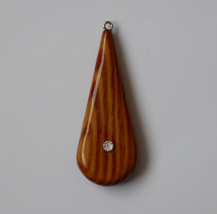 One of a kind Wooden Pitch Pine Teardop Pendant Necklace with a Crystal